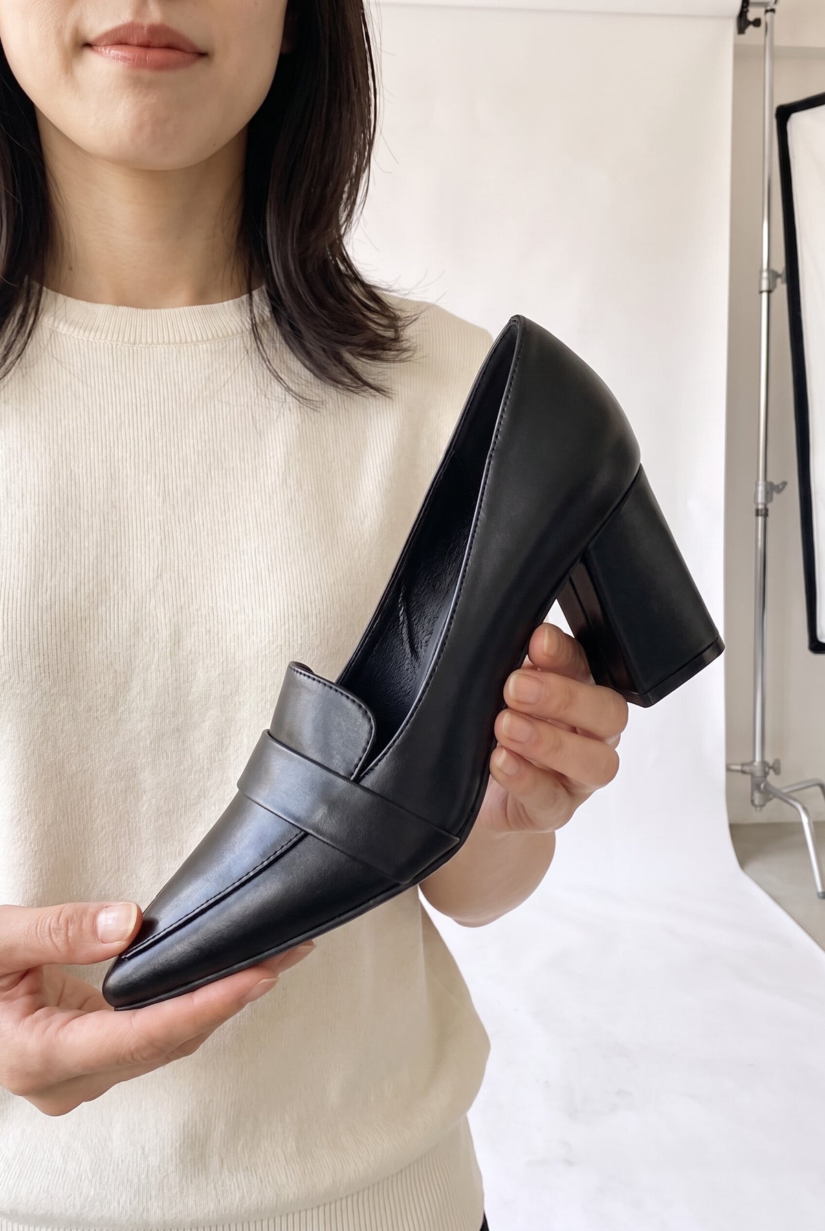 ポインテッドトゥ ヒールローファー(5cm・7cm チャンキーヒール) ブラック 7cm 手持ち