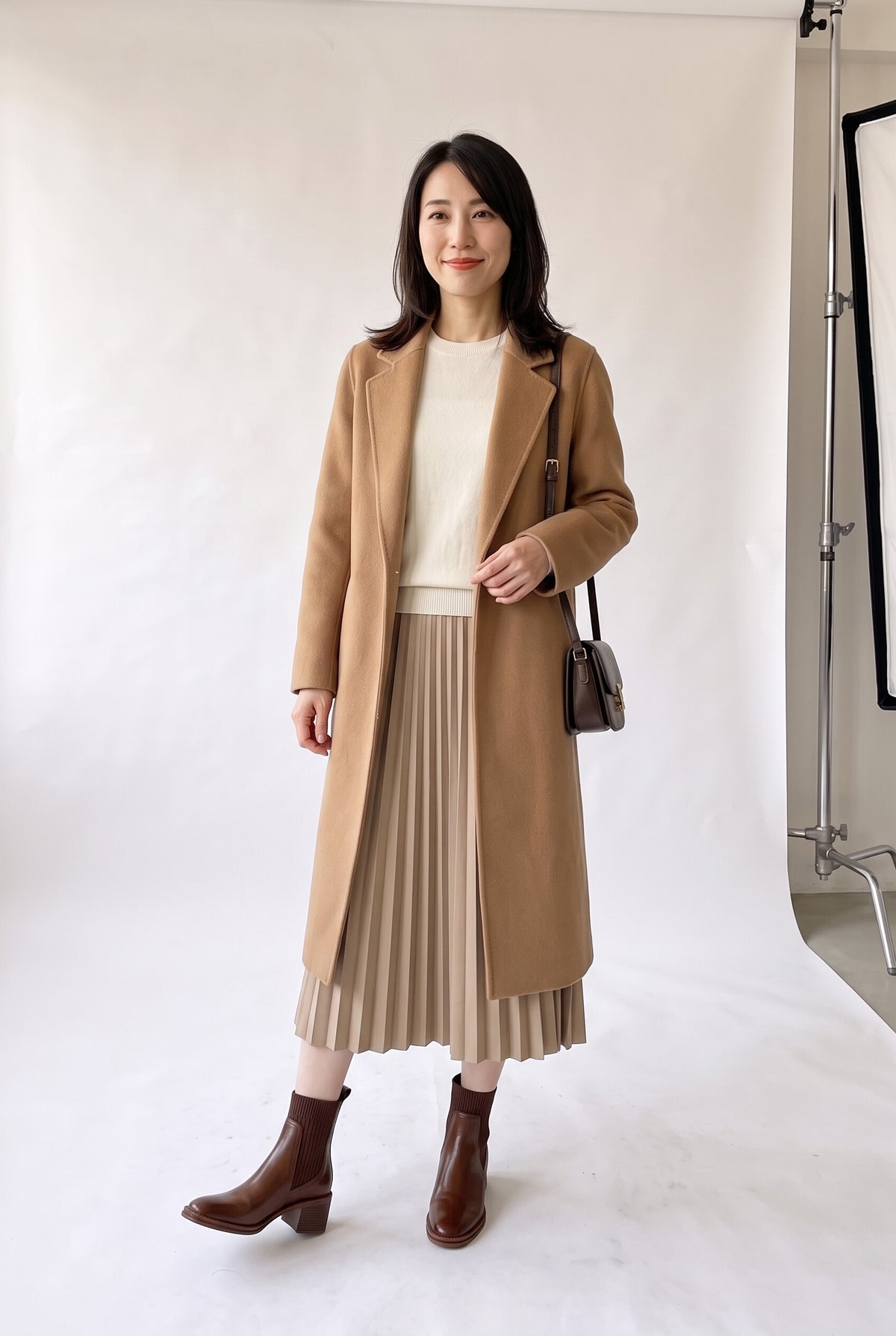 本革×リブニット ソックスブーツ 5.5cmチャンキーヒール ブラウン 正面 着用