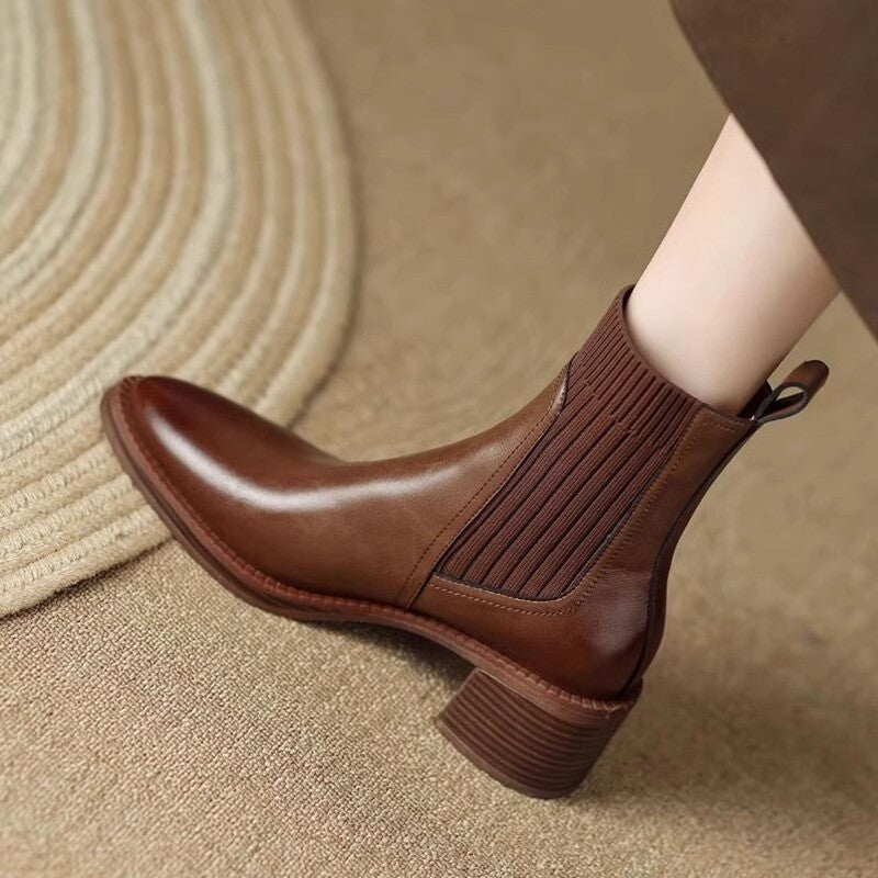 本革×リブニット ソックスブーツ 5.5cmチャンキーヒール 商品画像