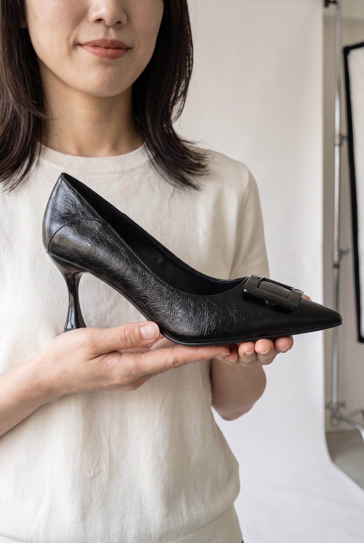 スクエアバックル ポインテッドパンプス(5cm・7cmヒール) ブラック 手持ち