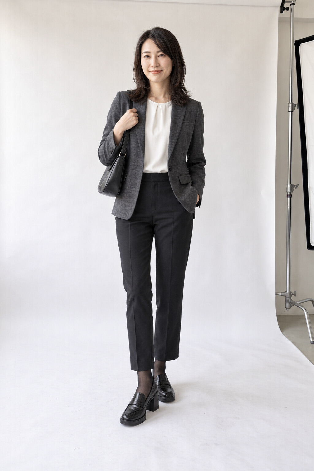 7.5cm厚底チャンキーヒール コインローファー ブラック 着用 全身
