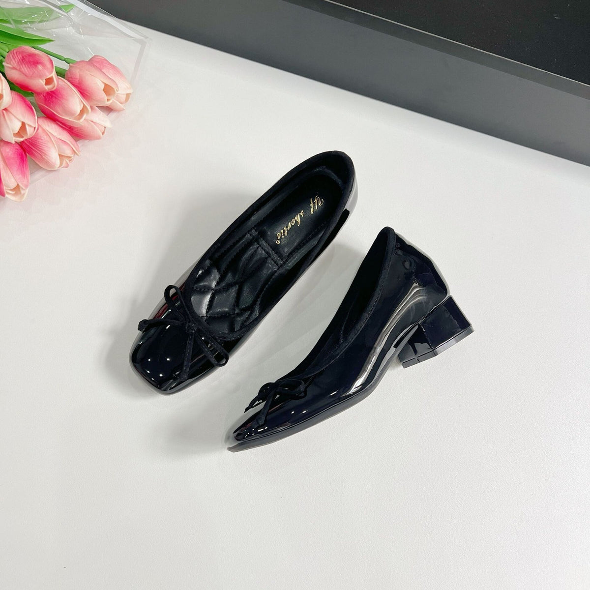 7cmインヒール リボンスクエアトゥ エナメルバレエパンプス 商品画像