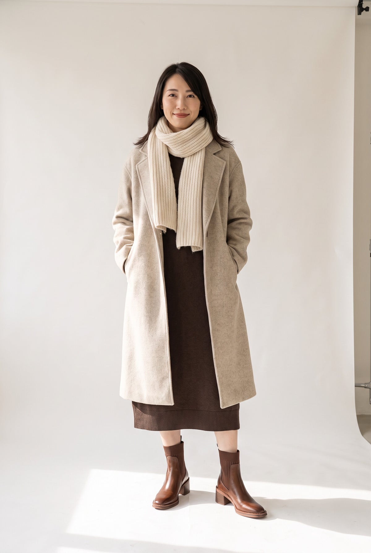 本革×リブニット ソックスブーツ 5.5cmチャンキーヒール ブラウン（裏起毛） 正面 着用
