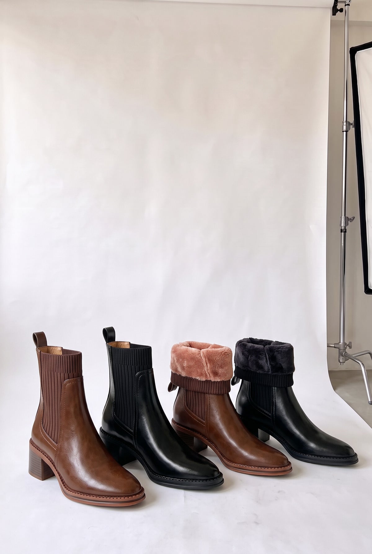 本革×リブニット ソックスブーツ 5.5cmチャンキーヒール 全カラー