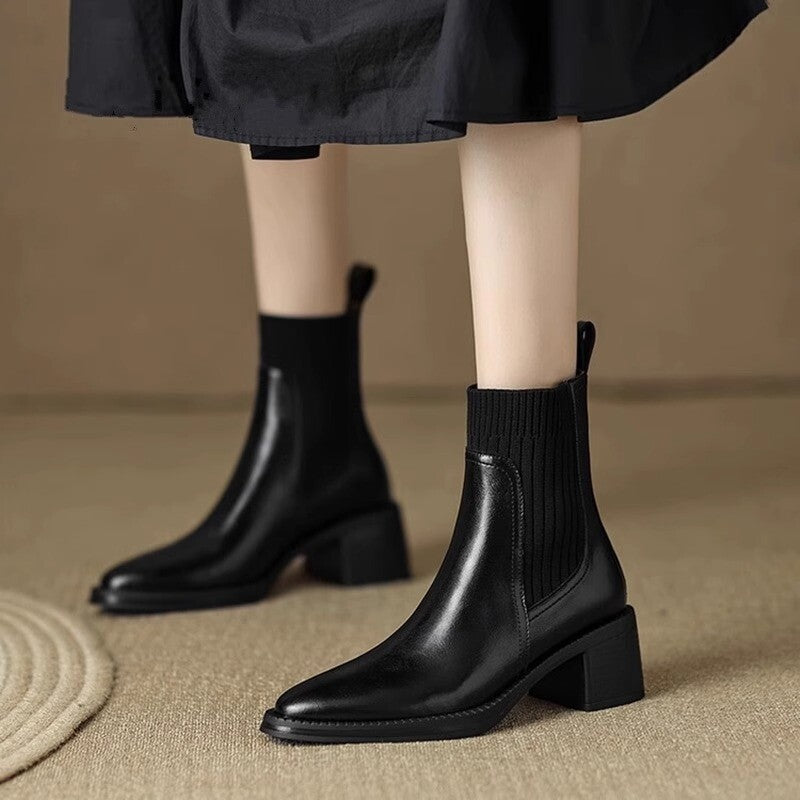 本革×リブニット ソックスブーツ 5.5cmチャンキーヒール 商品画像