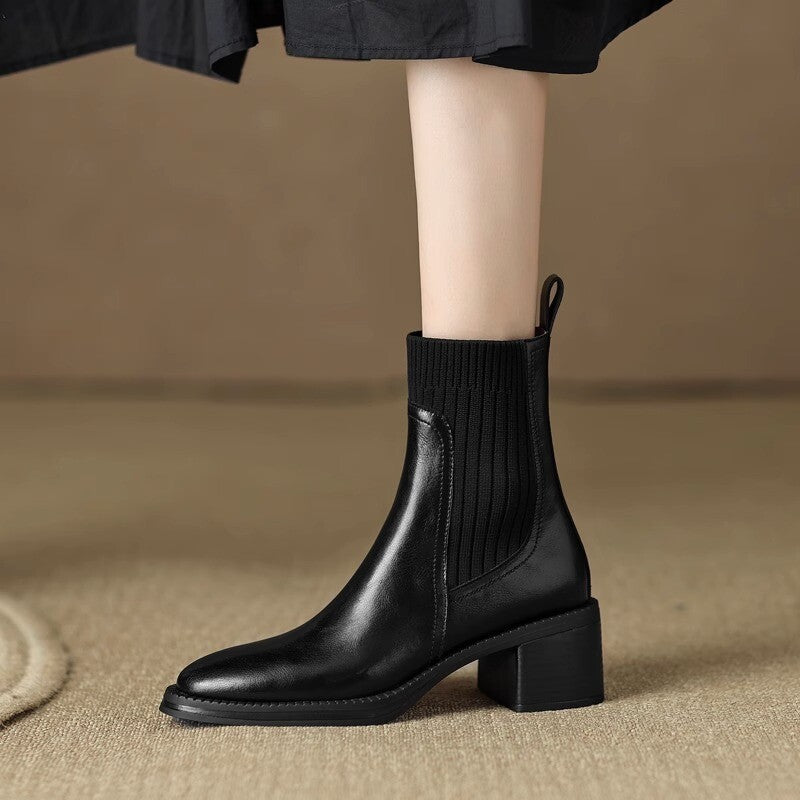 本革×リブニット ソックスブーツ 5.5cmチャンキーヒール 商品画像