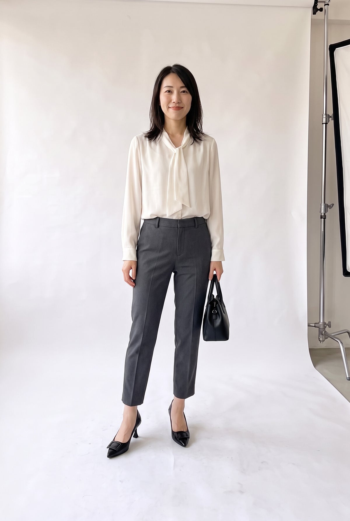 スクエアバックル ポインテッドパンプス（5cm・7cmヒール） ブラック 正面 着用